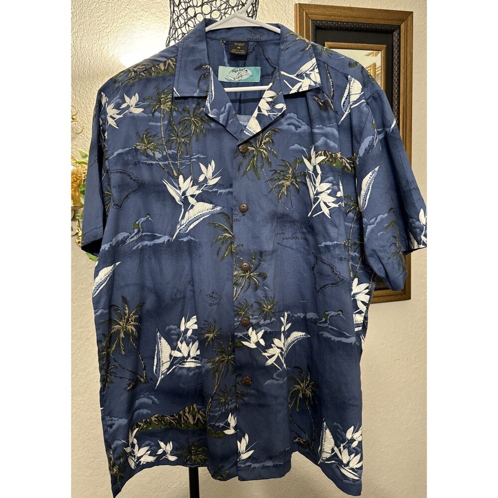 Vintage Mens Hawaiian Shirt Palmwave Aloha Vacay Size M 100% Cotton High Surf